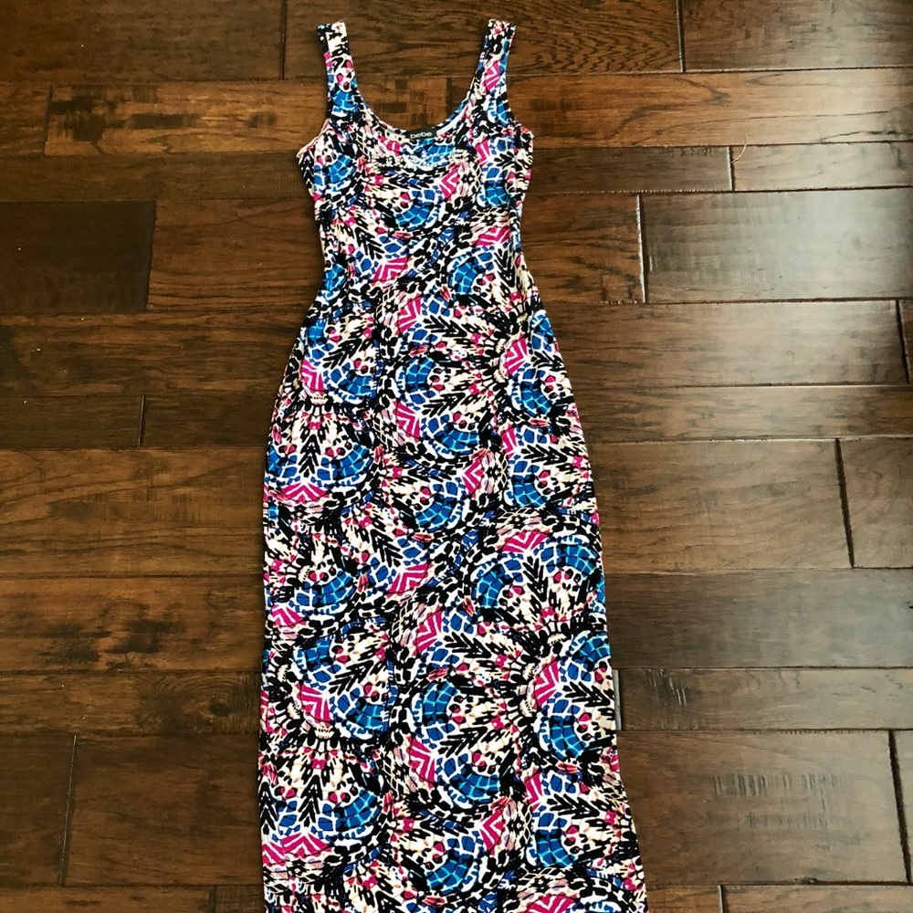 Bebe logo rhinestone fitted maxi dress